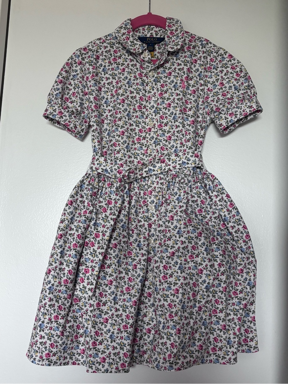 Polo by Ralph Lauren Girls Floral Button-Front Shirtdress in White, Pink & Blue